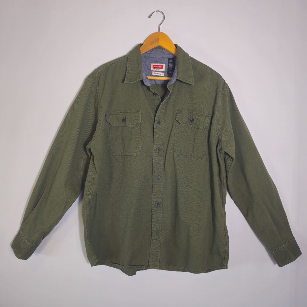 Wrangler Flex For Comfort Shirt Mens Large Olive Green Cotton Stretch Button Up